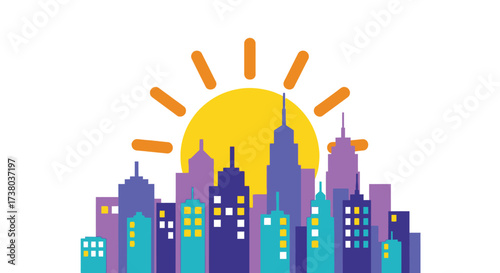 Stylized city skyline at sunrise in vibrant blues purples yellows providing optimistic scene