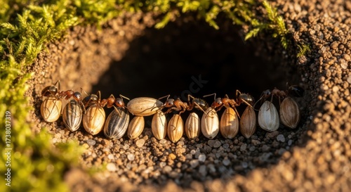 Ants Carrying Eggs Into Nest in Natural Soil with Green Moss and Sandy Texture