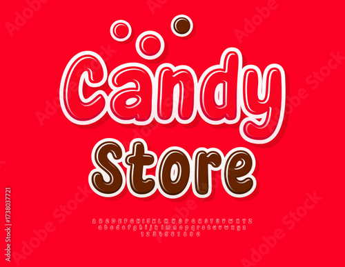 Vector Advertising signboard Candy Store. Red Glossy Font. Rounded Alphabet Letters and Numbers set.