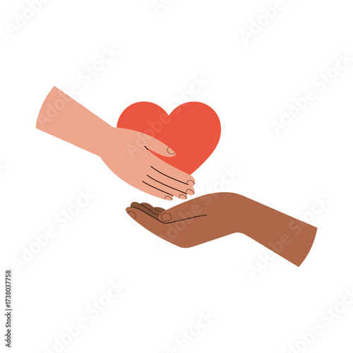 Of course. Here is an SEO title and 48 keywords for your vector file for upload to Adobe Stock.

Title:
Hand giving a red heart to another hand. Symbol of love, charity, donation, and diversity