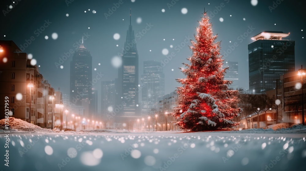 Fototapeta premium Festive Christmas Tree in Snowy Winter Cityscape with Bokeh Ligh