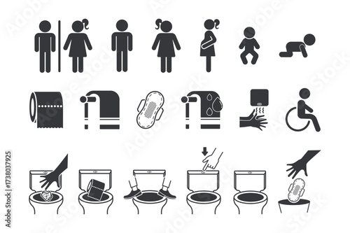 Isolated bundle set pictogram of toilet and restroom icons, including flush bowl, air dryer, man, woman, and hygiene symbols.