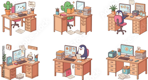 Cute cartoon home office desks with penguin and cactus characters, cozy workspace illustration with computer, books, plants, stationery