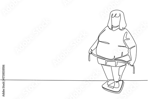 Single one line drawing a fat woman ties her stomach with a measuring tape standing on a scale. Too much sweet consumption. Over. Weights and Measures Day. Continuous line design graphic illustration