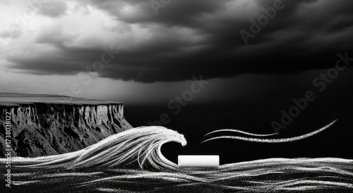 Black and White Surreal Landscape with Large Wave Crashing Against Cliff and Dark Stormy Sky