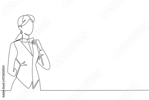 Single one line drawing woman wears a waitstaff uniform holds bow tie with one of hands. Selected as the best employee of the year. National Waitstaff Day. Continuous line design graphic illustration