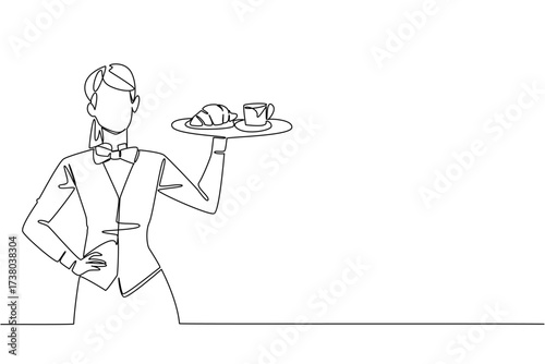 Continuous one line drawing a female waitstaff with apron holding a tray containing a mug and a croissant. A satisfying sweet taste. National Waitstaff Day. Single line draw design vector illustration