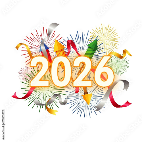 Happy New Year 2026 Celebration with Fireworks and Confetti
