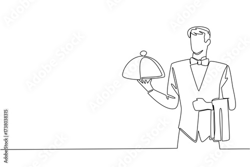 Single continuous line drawing male waitstaff with bow tie carrying metal tray and hanging napkin on hand. Deliver signature food to table. National Waitstaff Day. One line design vector illustration