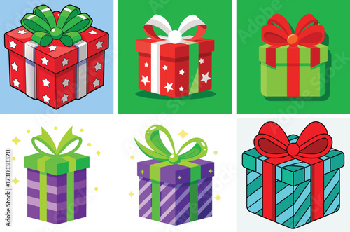 A vibrant collection of six festive gift boxes adorned with colorful ribbons and bows perfect for holiday celebrations and special occasions