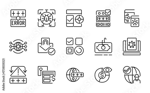 Fraud line icon set. Cyber crime, scams, criminal, phone, server, web, virus, fraud, malware bug, folder, file, steal, spy, hack UI thin line icon collection
