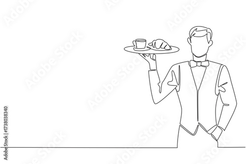 Single continuous line drawing male waitstaff with apron holding a tray containing a mug and a croissant. Bring a simple breakfast menu. National Waitstaff Day. One line design vector illustration