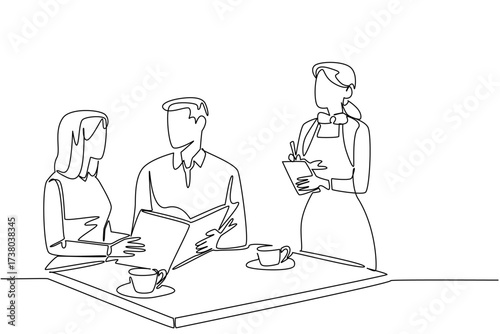 Continuous one line drawing female waitstaff with apron writing down orders for male and female customers. Serving with friendliness National Waitstaff Day. Single line draw design vector illustration
