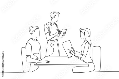 Single one line drawing male waitstaff with apron writing down orders for male and female customers. Write menu orders carefully. National Waitstaff Day. Continuous line design graphic illustration