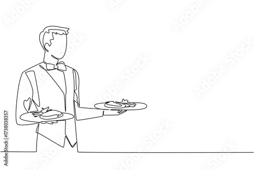 Single continuous line drawing a man wearing a waitress uniform carrying a plate of food in both hands. Work smartly. Value the time. Staff. National Waitstaff Day. One line design vector illustration