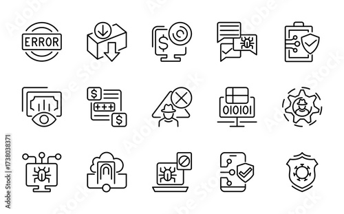 Fraud and Scams line icon set. Cyber crime, hacking, malware, virus, phishing, hack, spy, criminal, server, folder, file, theft, line icon collection