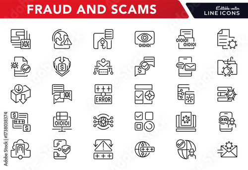 Fraud and Scams line icon set. Cyber crime, hacking, malware, virus, phishing, hack, spy, criminal, server, folder, file, theft, line icon set. UI thin line icon pack.