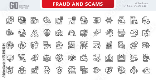 Fraud and Scams line icon set. Cyber crime, web, virus, fraud, malware bug, scams, criminal, phone, server, folder, file, steal, spy, hack line icon pack. Editable stroke