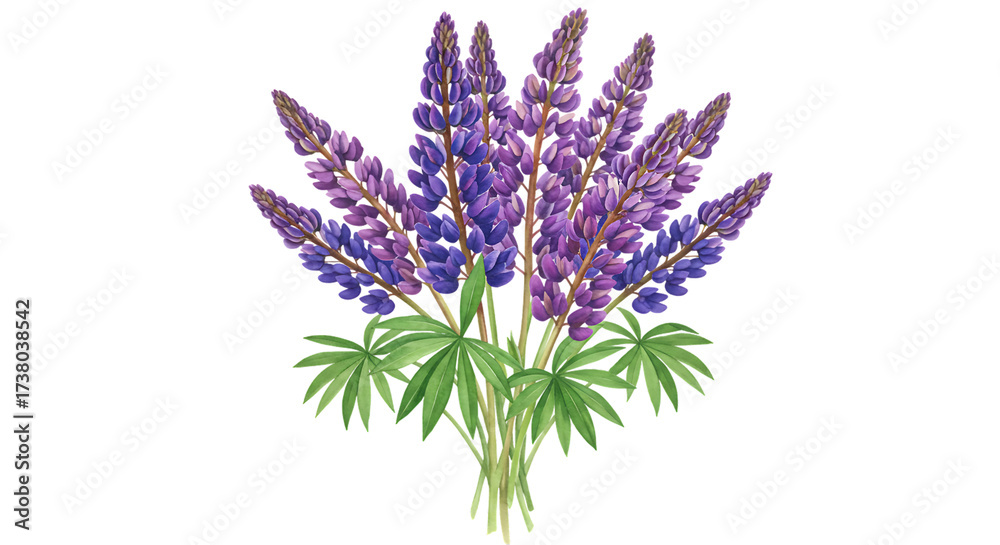 Naklejka premium Purple Lupine Flower Bouquet with Green Leaves on Transparent Background