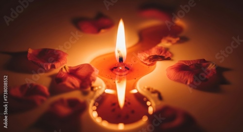 Romantic Candle Flame Surrounded by Rose Petals in Warm Soft Lighting for Spiritual or Relaxation Themes