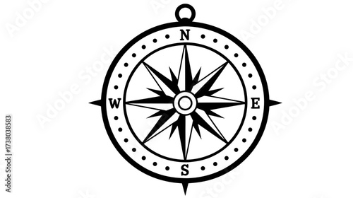 Black compass symbol with cardinal directions on transparent background  