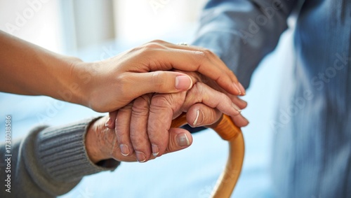 Tableau sur toile Compassionate Touch Supporting Senior with Cane, Offering Help