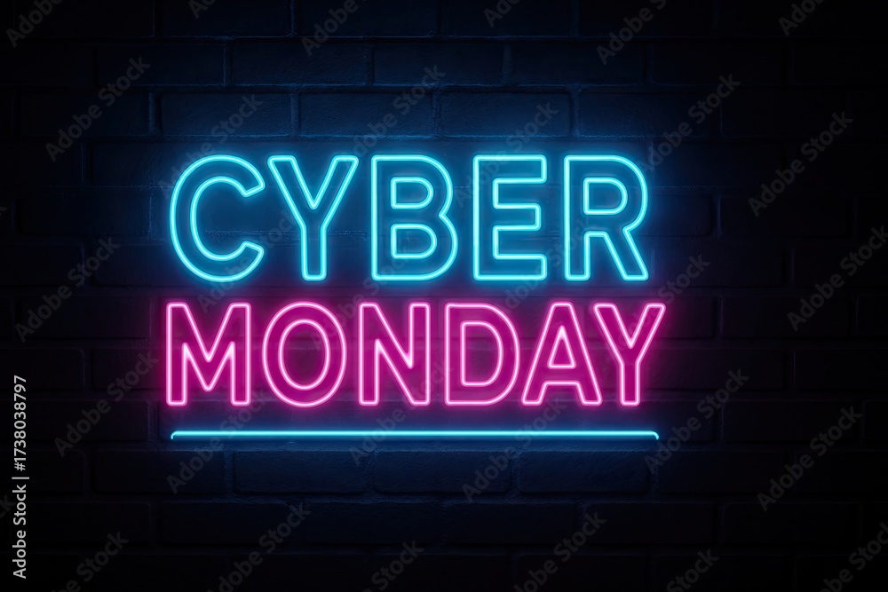 Obraz premium Glowing neon Cyber Monday sign with blue and pink illuminated text for online shopping discounts sales promotions