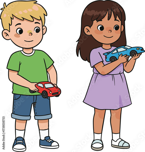 Smiling children holding toy cars, boy in green shirt, girl in purple dress, kids playing happily, fun childhood activity together.