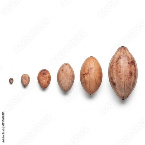 A progression of acorn sizes from small to large, showcasing natural growth and variation