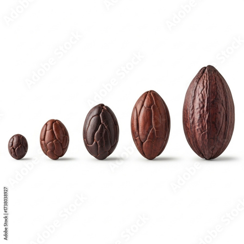 A progression of five chocolate cocoa pods arranged by size from small to large, symbolizing growth and development