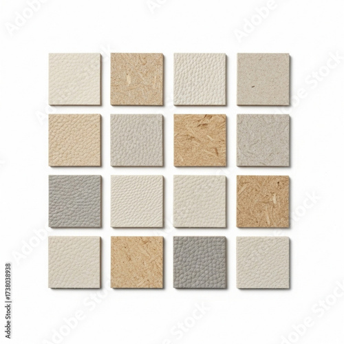 Creative palette of 16 textured material samples in beige and grey, displayed in a square grid format for architectural visualization and interior design