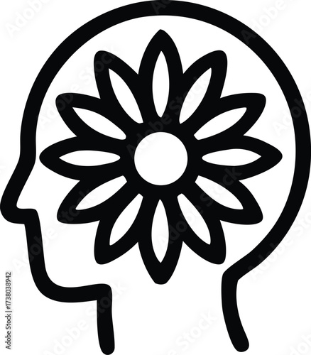 Mindfulness and growth concept icon human head silhouette with blooming flower symbolizing inner peace and development