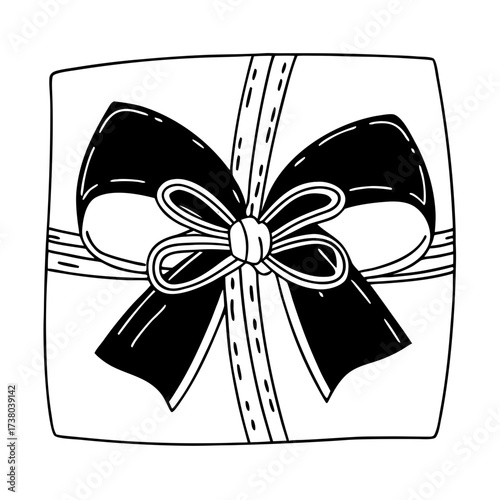 Gift box with black ribbon and bow on white background  