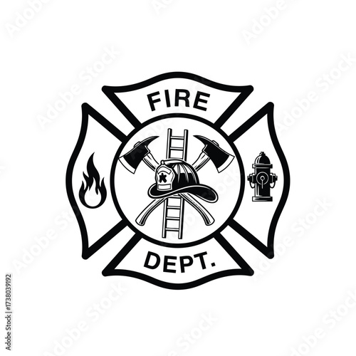 Vector art of fire department emblem featuring a maltese cross, axes, helmet, ladder, flame, and hydrant in black and white