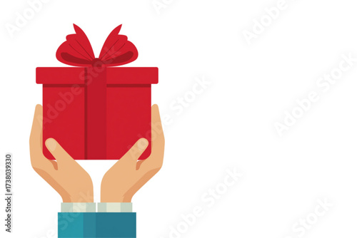 Open hands presenting a red gift box with ribbon on white background  