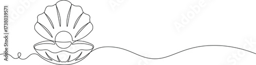 One Line Art Pearl in Shell. Minimalist Seashell with Pearl Vector Illustration