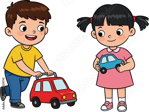 Happy children playing with toy cars, boy and girl smiling, fun activity, childhood playtime, learning through toys, creative imagination, indoors.