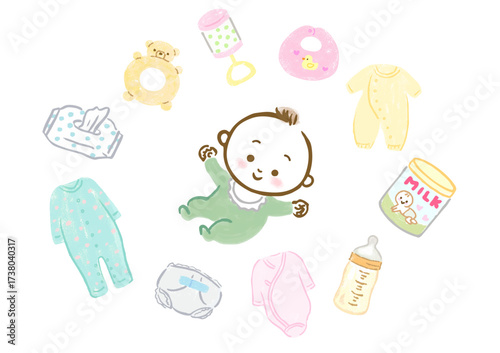 赤ちゃんとベビーグッズの手描きイラストセット