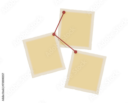 Blank paper notes are pinned to a cork board. The concept of detective investigation. Copy space.