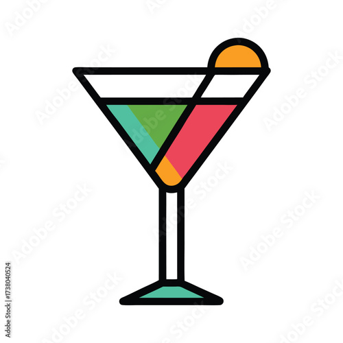 Vibrant abstract geometric cocktail glass filled with colorful layered liquids and garnished with a citrus slice on a white background
