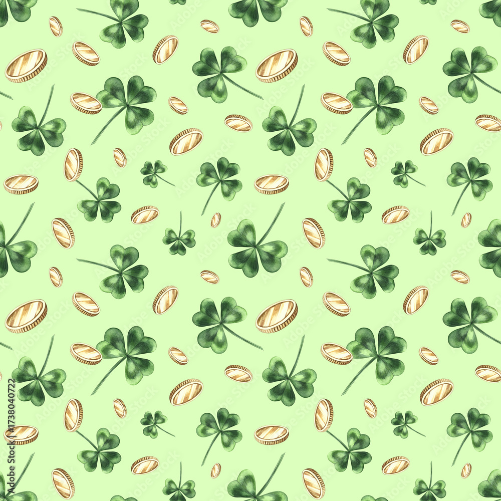 Fototapeta premium Seamless pattern with clover leaves and coins. Hand-drawn watercolor illustration. For St. Patrick's Day. Used for backgrounds, textiles, wrapping paper, packaging, holiday decor, and more.