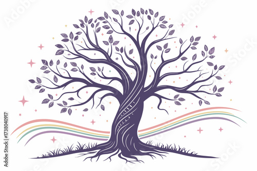 A mystical tree with rainbow arcs and stars fantasy