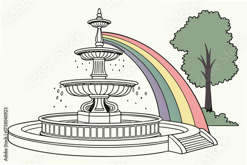 A park fountain with a pastel rainbow and a tree mist