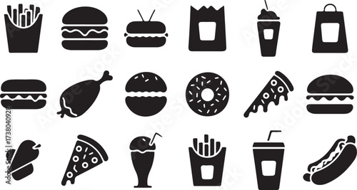 fast food silhouette vector, burger fries donut art, junk food clipart, cafe restaurant design, black snack svg, delicious meal shape, kitchen icon artwork, tasty junk artwork, street food illustratio