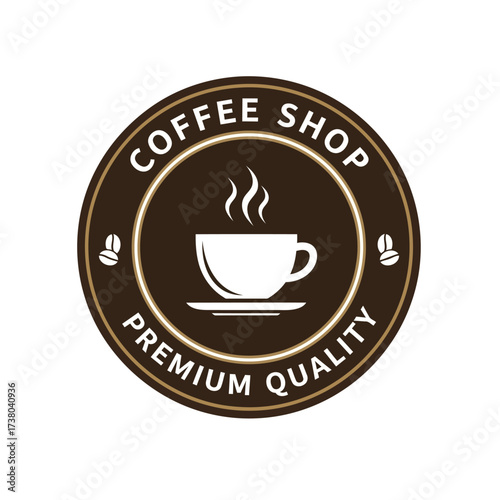 Vector art of a coffee shop logo with a cup of coffee and the text coffee shop premium quality, the design is classic
