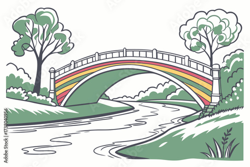 A stylized arched bridge over a winding river with trees