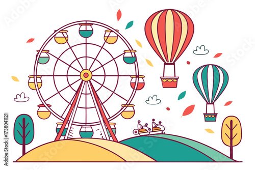 Amusement park with ferris wheel and hot air balloons