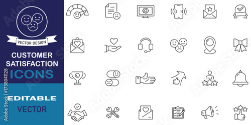 Customer satisfaction editable line icon set. Set of 24 icons related to review, rating, dislike, feedback, experience, client satisfaction and more outline symbol collection. Vector illustration.