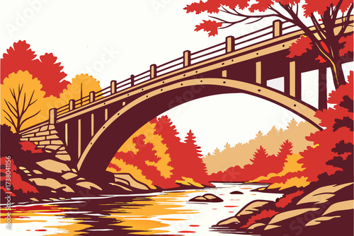 Arch bridge over river with red and yellow autumn trees
