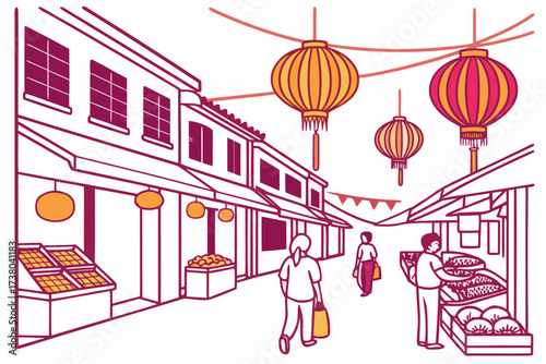Asian market street with colorful lanterns and shoppers